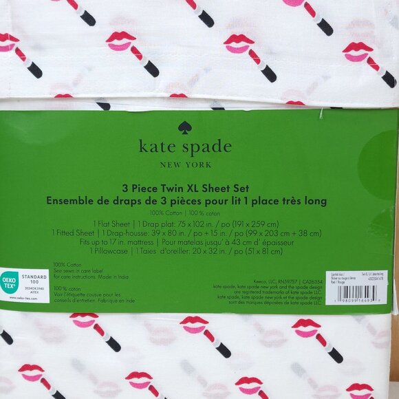 Kate Spade New York Twin XL 3-Piece Sheet Set Lipstick Kiss Print Black Red Pint - Picture 2 of 9